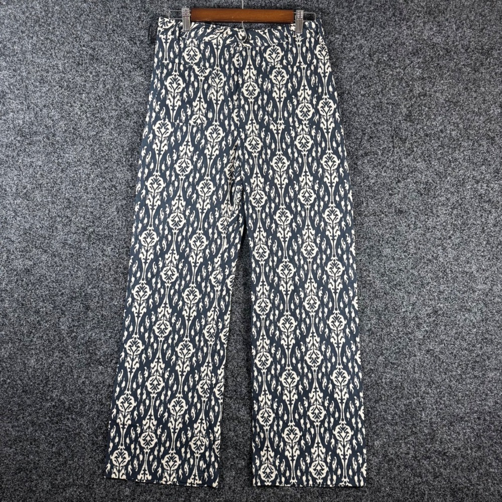 Zara Womens Small Navy Blue Cream Ikat Damask Wide Leg High Waist Linen Pants